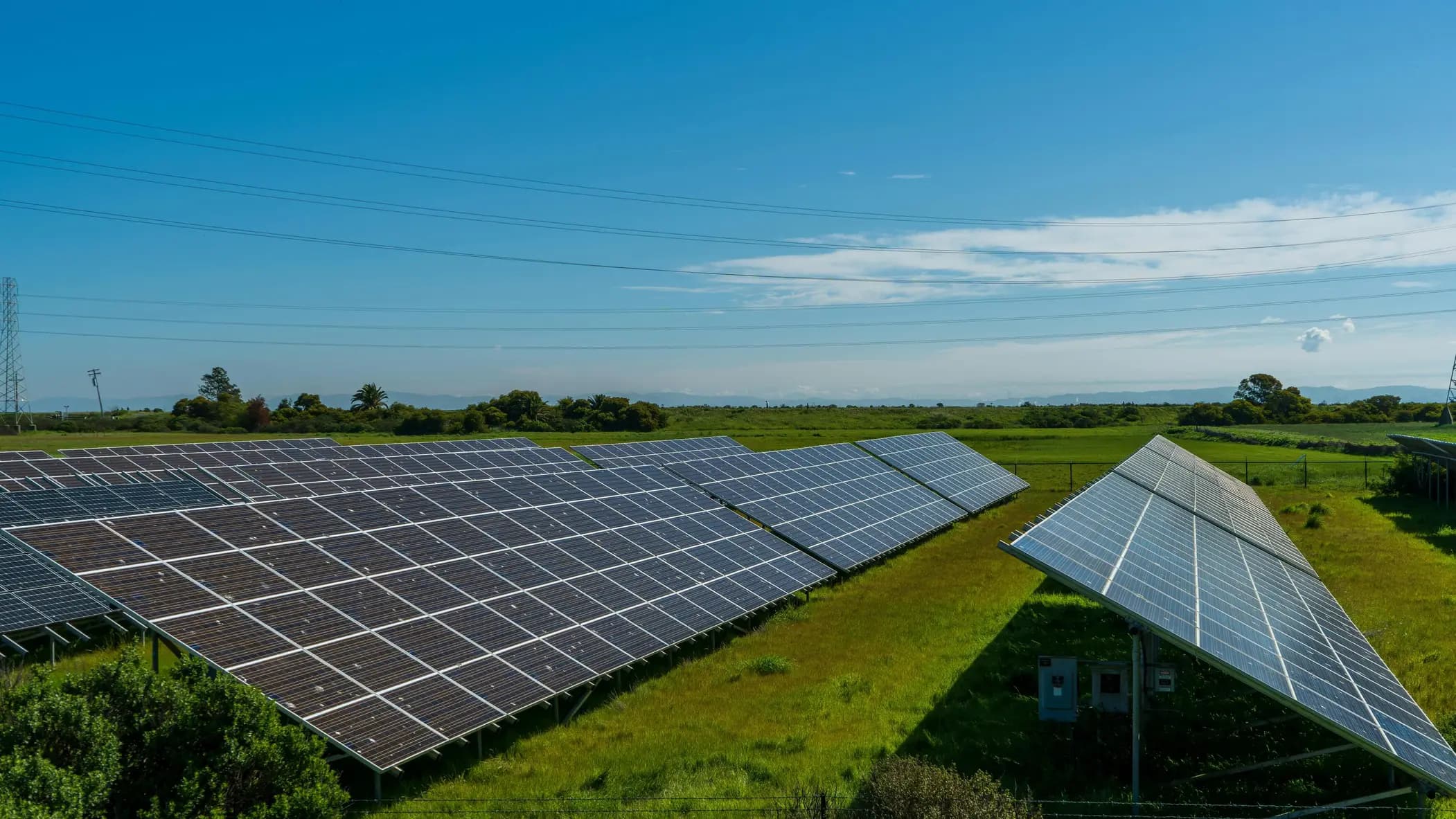 Rows of solar panels in a green field under a blue sky